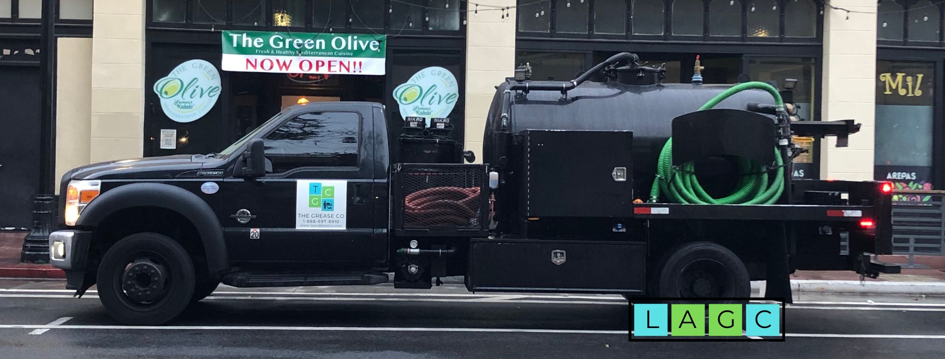 The Grease Company collection truck parked outside a restaurant in Perris, CA